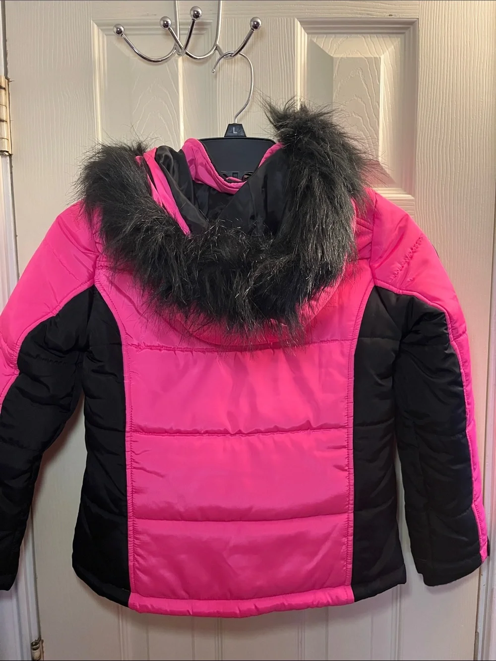 Justice Hot Pink and Black Girls' Puffer Jacket with Removable Faux Fur Trim